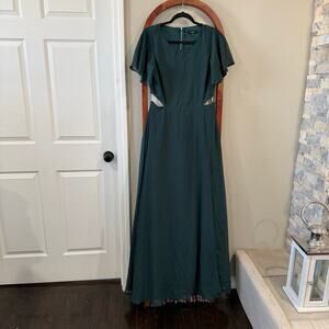 Lulus Green Maxi Dress L Flutter Sleeve Cutout Formal Wedding Guest Long Dress